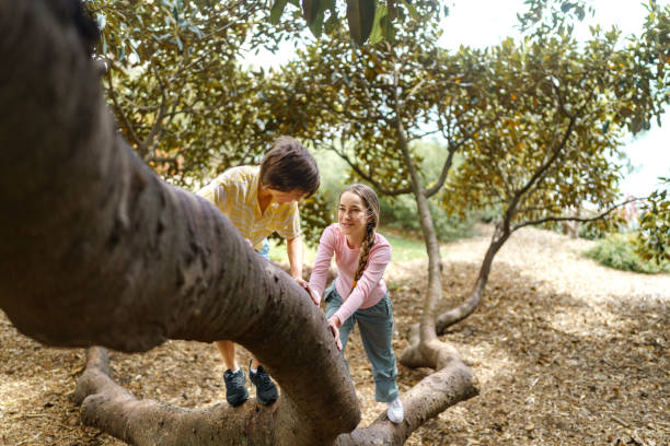 istock Brother and sister climbing a tree together, playing outside 2196462290