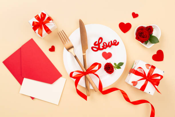 istock Table setting for Valentine's Day on color background, top view 2196463972
