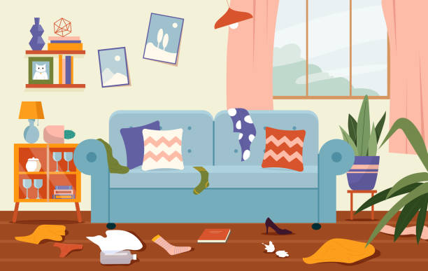 istock Mess in apartment. Dirty room with socks and books on floor. Clothes and bottles. Trash, garbage and waste. Untidy house. Crumpled and cluttered things. Flat vector illustration 2196466209