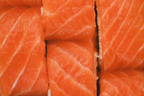 A close-up image of freshly made salmon sushi rolls.