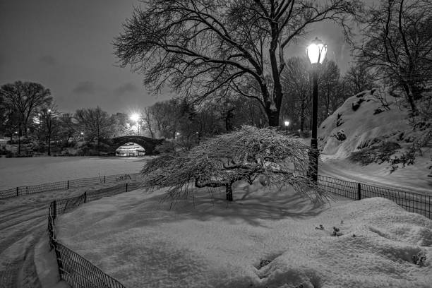 Gapstow Bridge in Central Park in the early morning after snow storm in winter