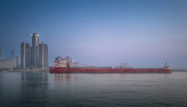 A cargo ship on the Detroit River at dawn.  Photo taken from Windsor, Ontario.