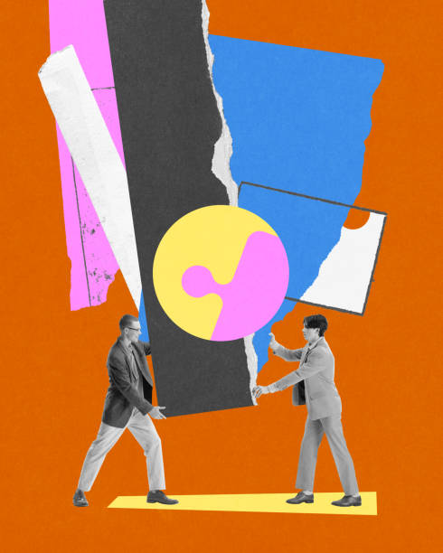istock Two men working together, symbolizing collaboration and shared goals, represented by vibrant abstract shapes and connected elements. Conceptual art collage. 2196482702