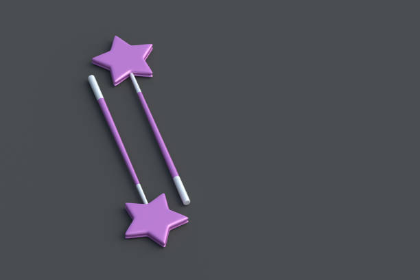 Pink magic wands with stars on black background. Fairy sticks. Copy space. 3d render