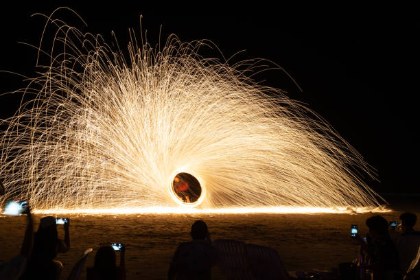 istock Swing fire dancing show, long exposure on the floor at the night time 2196492186