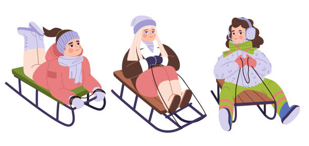 istock Three girls on a sled. Active outdoor activities in winter. Set of three illustrations.  Flat vector illustration. Eps10 2196493808