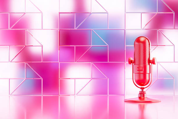 A digitally generated image featuring a modern microphone displayed through a sleek transparent glass panel, set against a vibrant neon-lit background. This futuristic design symbolizes sound recording, broadcasting and digital communication, making it ideal for podcasting, music production, and media-related themes.