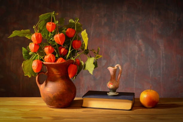 Still life, alkekenge, vase, book and apple on a wooden table