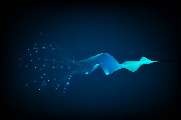 Abstract blue wave with glowing particles and grid-like design on dark background. Digital background, science network patterns. Concept of innovations, digital art, technology, business