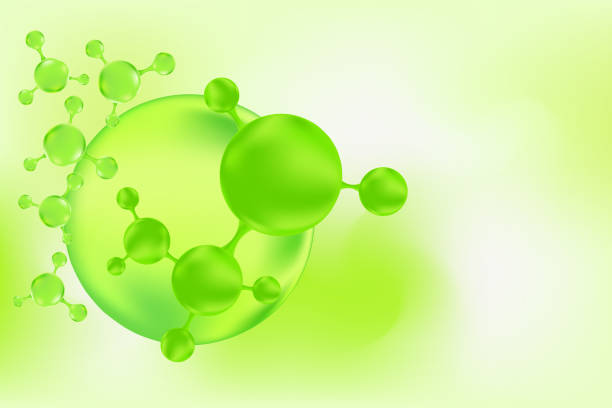 istock Green organic oil or collagen 3D molecule formula, with liquid glowing particles, fluid bubbles pattern. Bio serum formula background with copy space. Beauty biotechnology treatment nutrition. 2196515471