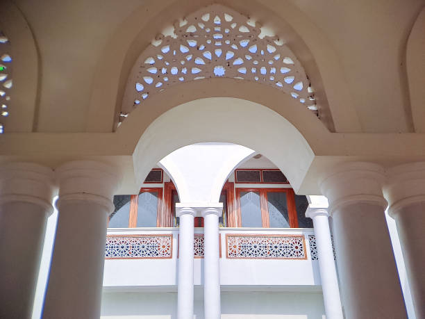 istock framed view of a white mosque facade with arched windows and balconies, set against a vibrant blue sky 2196515870