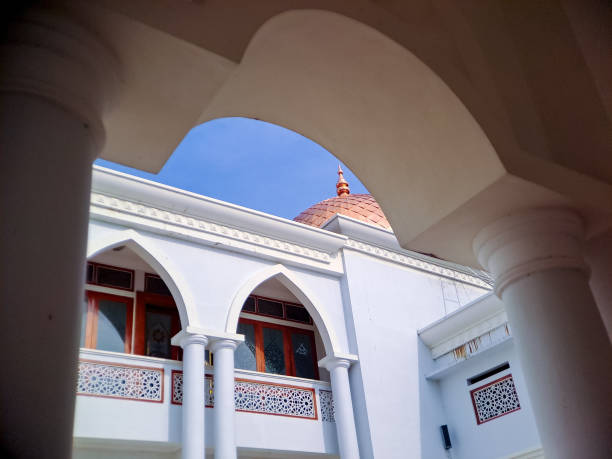 istock framed view of a white mosque facade with arched windows and balconies, set against a vibrant blue sky 2196515883