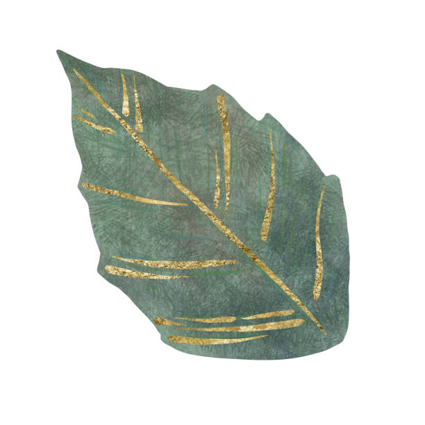 istock Floral green leaf with gold, unique digital hand drawn illustration isolated on white background. 2196516229