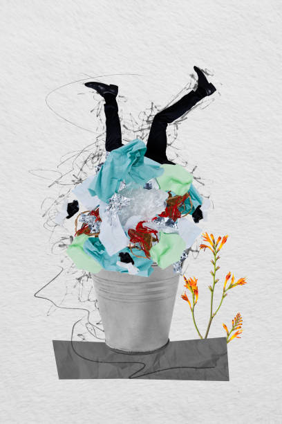 istock Vertical creative composite funny photo collage of man fall upside down into trash can with plastic rubbish isolated on painted background 2196518110