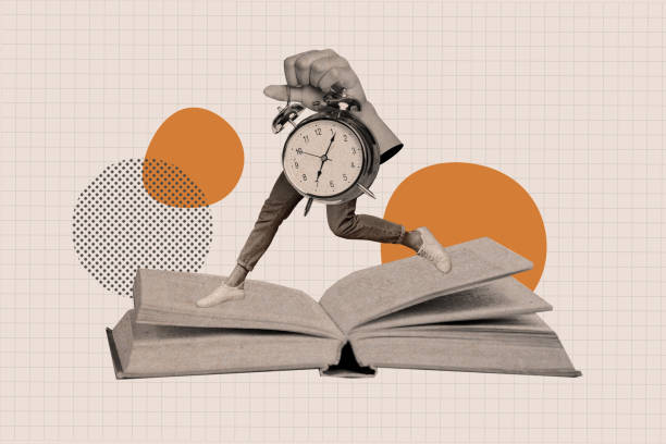 istock Artwork collage image of black white effect arm hold bell ring clock mini legs huge opened book isolated on checkered copybook page background 2196518134