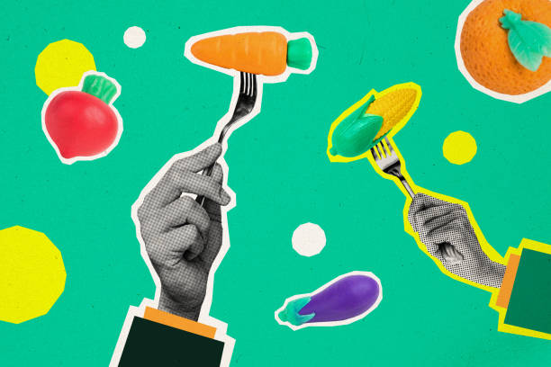 istock Composite image collage of two hands hold forks prick vegetables organic nutrition healthy lifestyle vegan isolated on painted background 2196518228