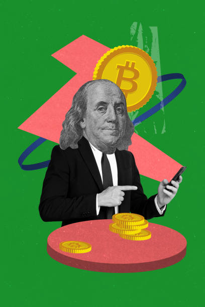 Vertical photo collage of guy head benjamin franklin suit point iphone screen device bitcoin money trade nft isolated on painted background