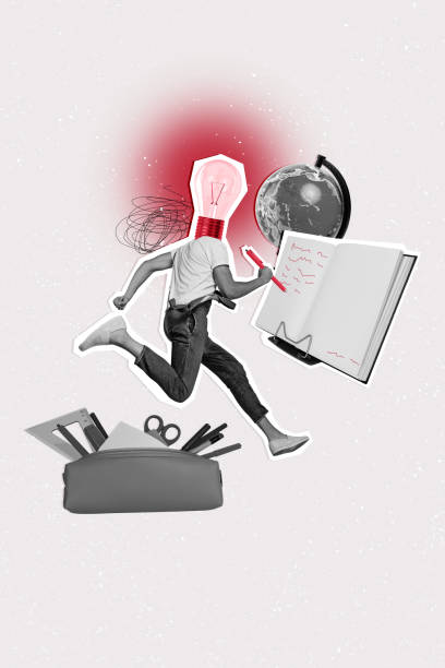 istock Vertical photo collage of human instead head bulb run notepad write note pencil case globe study education isolated on painted background 2196518283