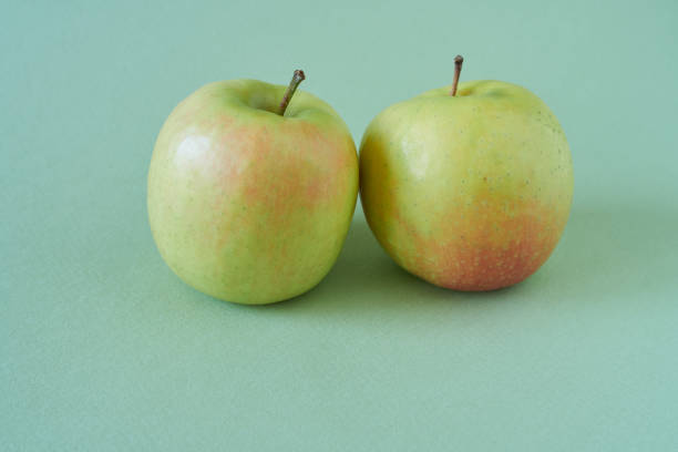 Two apples with water drops.  One red and one green.
