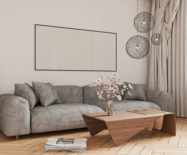 istock Mockup poster wood frame in empty picture living room, scandinavian style, element interior horizontal, on the wall. in illustration 3d render 2196522728