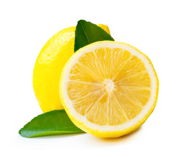 istock Front view of yellow lemon fruit with half and green leaves isolated on white background with clipping path 2196522975