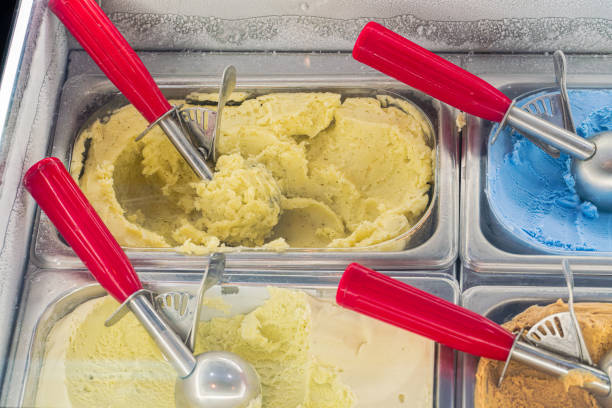 Close-up of ice cream in glass display window