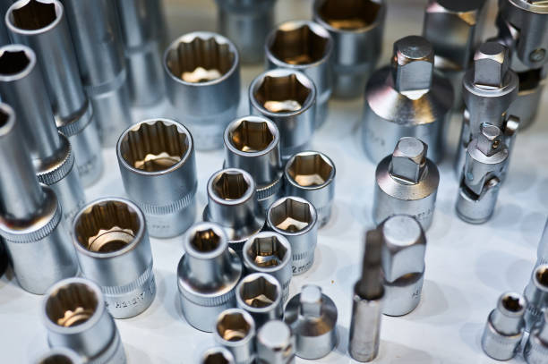 Contemporary wrench spanners heads on table in workshop