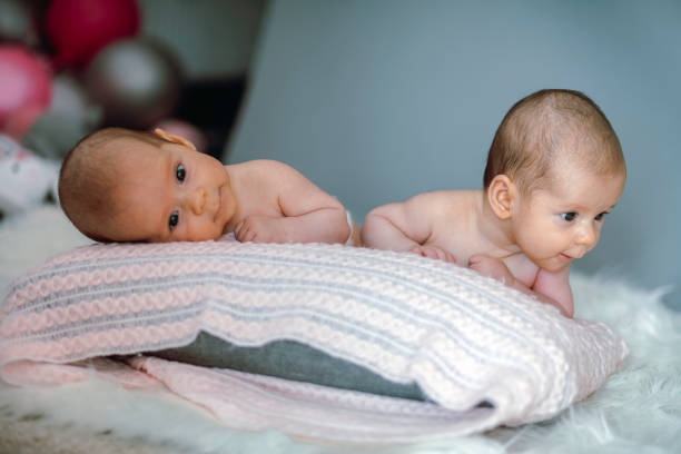 istock Twin Babies Resting on a Soft Pink Blanket with Cozy Surroundings 2196523993