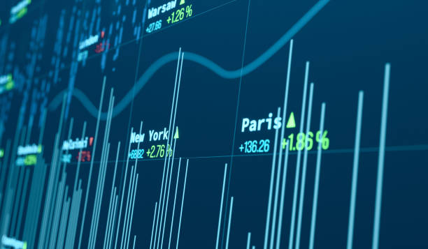 istock Close-up screen with stock market data, lines, chart, bar graph. 2196524308