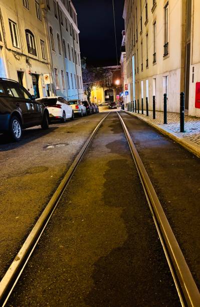 istock Tram rail on an empty street. 2196525958