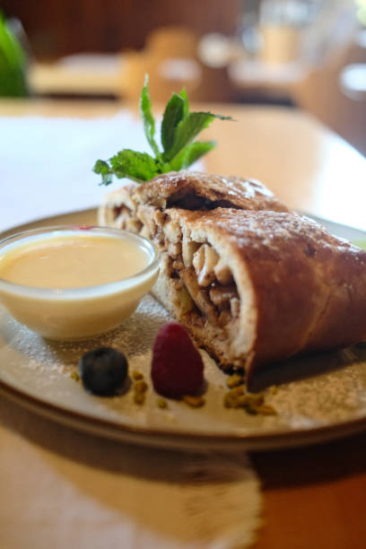 Apple strudel with vanilla ice cream