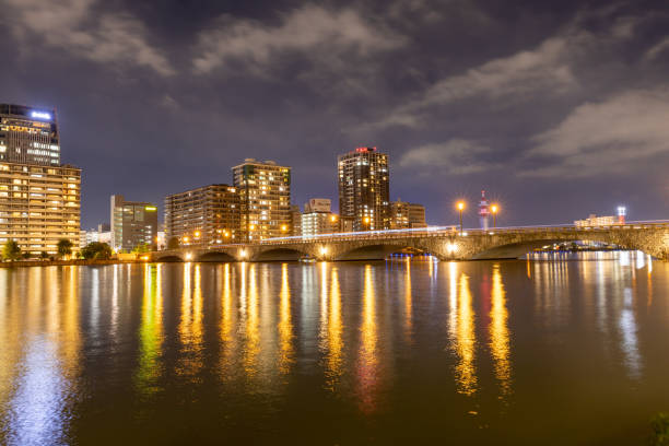Bandai bridge and river at night.Niigata, Japan.