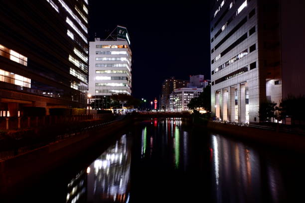 night view of Hakata district area where famous place in Fukuoka city