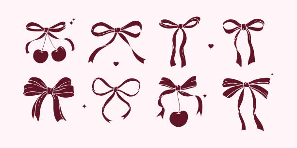 Coquette bows drawing Coquette bows drawing. Red vintage ribbon clipart. Vector hand-drawn bow with Cherry silhouette. Rococo trendy isolated elements hair bow stock illustrations