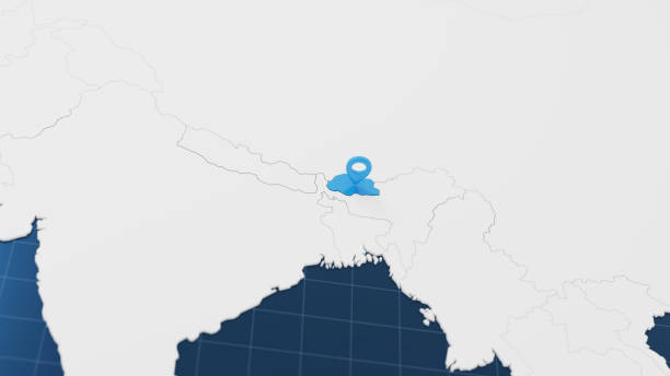 Blue Bhutan 3d map with pointer pin surrounded with other countries in white. Political map with borders. 3d render illustration.
