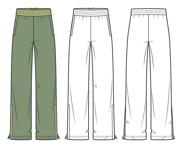 istock Wide-Leg Elastic Waist Pants fashion flat technical drawing template. Jogger Pants technical fashion illustration, pockets, side zippers, front and back view, white, green, women, men, unisex CAD mockup set. 2196532709