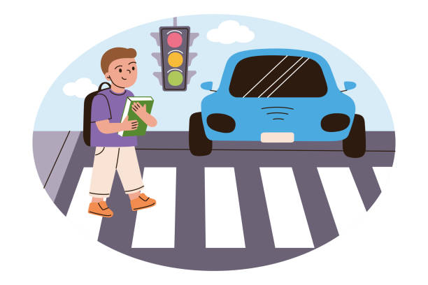 istock Vector illustration of boy crossing pedestrian crosswalk with car and traffic lights. Flat cartoon character, child going to school with book in hands, road safety and awareness for children 2196533225
