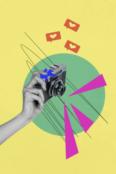 istock Vertical collage image of black white effect arm hold retro photocamera like notification isolated on drawing background 2196536956