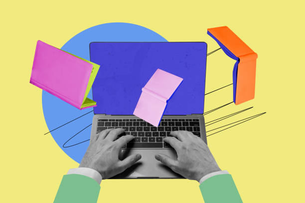istock Composite trend artwork sketch image 3D collage of huge laptop blue screen device hand hacker specialist hold on keyboard attack software 2196536959