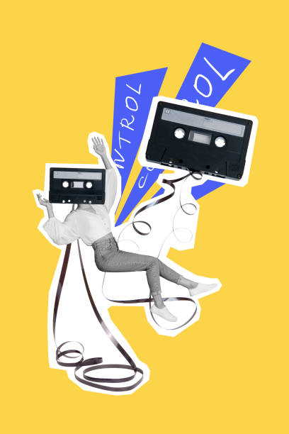 istock Vertical photo collage of fallen girl instead head retro cassette control manipulate force motion propaganda isolated on painted background 2196536989