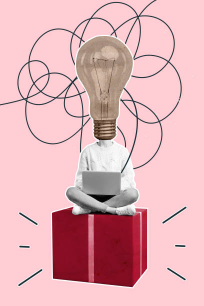 istock Sketch image composite trend artwork 3D photo collage of clever headless lamp bulb instead student sit on cube hold on hand laprtop 2196537007