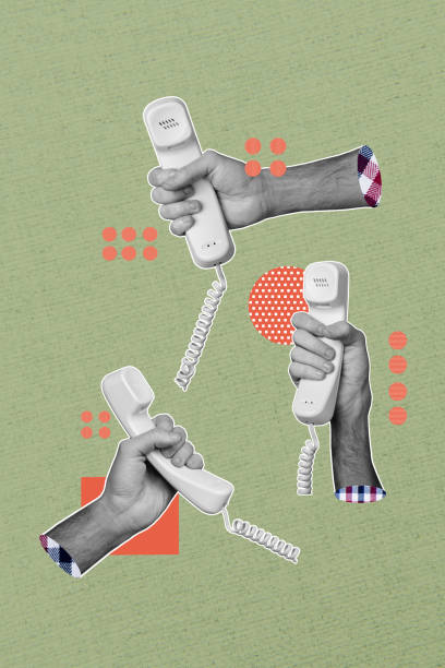 istock Vertical photo collage human hand holding telephone landline customer support answer call operator customer support drawing background 2196537054