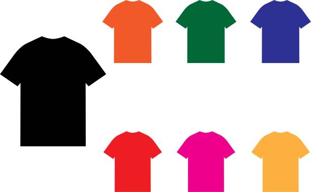 istock set of Simple flat black, orange, green, blue, red, pink and yellow T-Shirt with a unique image graphic icons isolated on transparent background. Can be used as a symbol related to initial or fashion. 2196537404