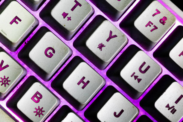 istock Macro photo of keyboard button with purple bright backlit color 2196541514