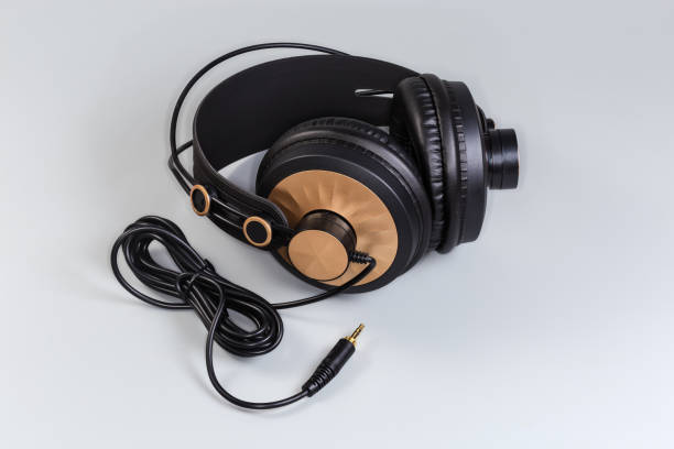 istock Wired full size headphones on a gray background 2196542959
