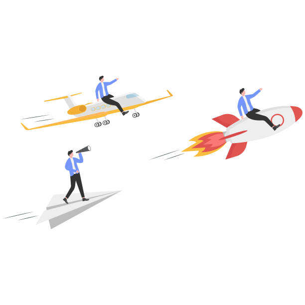 istock Business competition.Businessman on a rocket and businessman on a plan. 2196543656