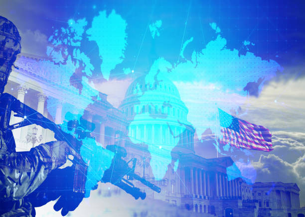 USA government representative in suit being asked questions by American newspaper reporters and TV journalists with microphones shares information and gives official comment. Press conference concept
