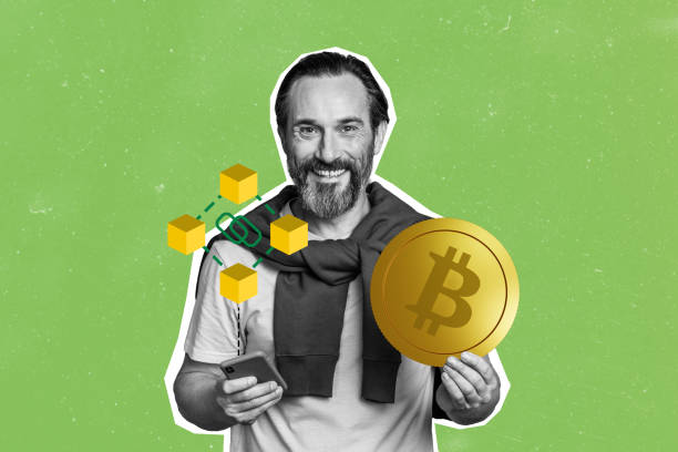 istock Creative picture collage mature happy man smartphone online app wallet bitcoin cryptocurrency savings funds golden token drawing background 2196546489