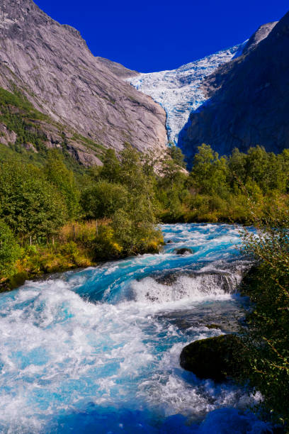 View to the Austerdalsbreen Glacier and the Austerdalen Valley in Western Norway. Part of Jostedalsbreen National Park