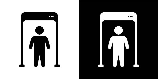 Security gate walk-through – solid and inverted silhouette icon. Vector illustration of a person walking through a security gate. Presented in two minimalist versions: black on white and white on black. Suitable for themes related to security, access control, airports, justice, or correctional institutions. Perfect for interfaces, signage, or institutional documents. security scanner stock illustrations